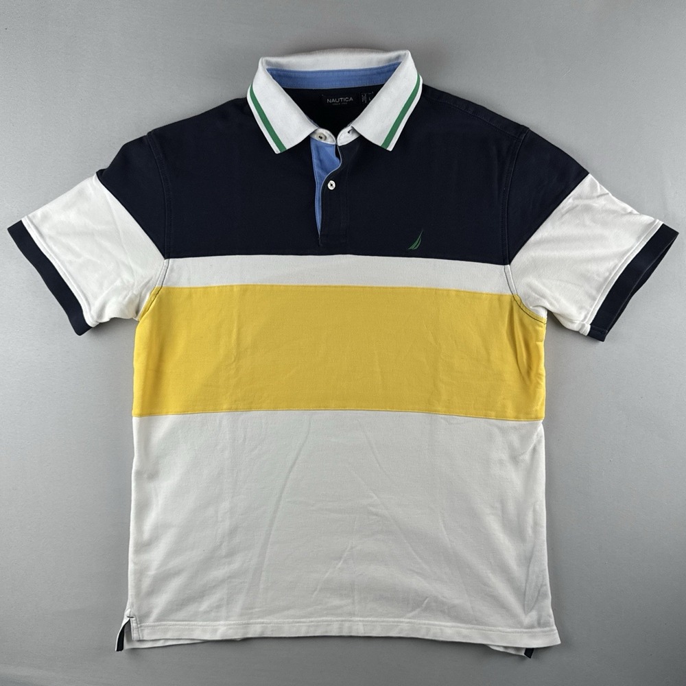 Vintage Nautica Polo Shirt Colorblock Rugby Stripe Navy Yellow White Mens L